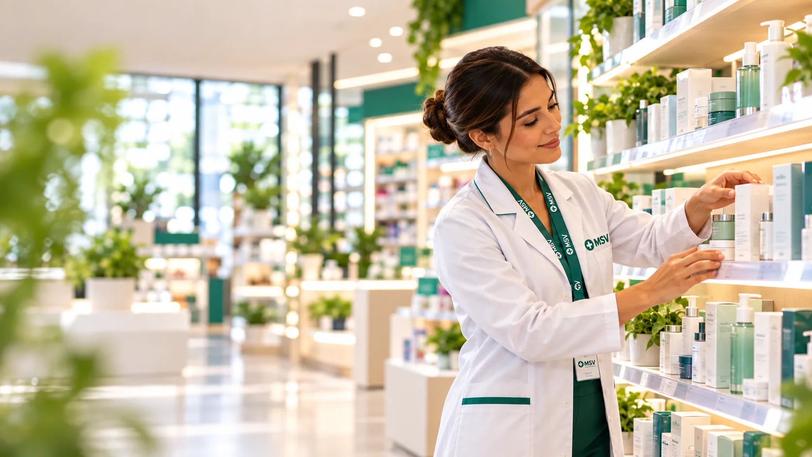 Farmacêutica avaliando produtos e categorias